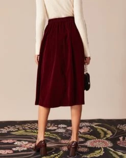 The Red High Waisted Velvet Midi Skirt -Outlet Dress Mix Up Store 16934693122416