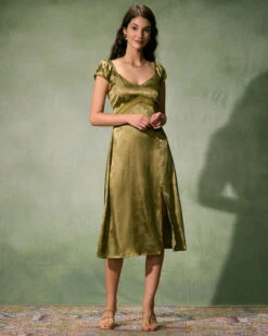 The Green Satin Jacquard Side Split Midi Dress -Outlet Dress Mix Up Store 1 1 e4e70709 f361 4932 9240 49e99523ebbc
