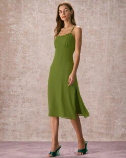 The Green Frill Trim Side Split Midi Dress -Outlet Dress Mix Up Store 240109 RIHOAS.1235