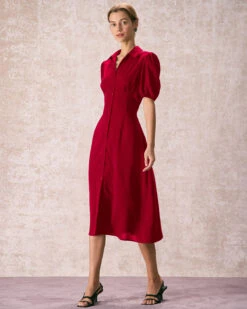 The Red Lapel Button Puff Sleeve Midi Dress -Outlet Dress Mix Up Store 240109 RIHOAS.1968