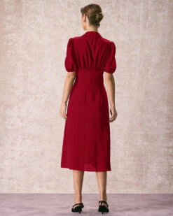 The Red Lapel Button Puff Sleeve Midi Dress -Outlet Dress Mix Up Store 240109 RIHOAS.2004