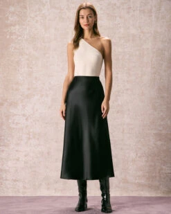 The Black Low Waisted Lace Satin Midi Skirt -Outlet Dress Mix Up Store 240109 RIHOAS.204