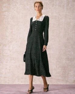 The Black Lace Collar Polka Dot Maxi Dress -Outlet Dress Mix Up Store 240109 RIHOAS.2145