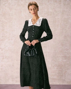 The Black Lace Collar Polka Dot Maxi Dress