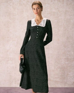 The Black Lace Collar Polka Dot Maxi Dress -Outlet Dress Mix Up Store 240109 RIHOAS.2165