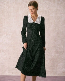 The Black Lace Collar Polka Dot Maxi Dress -Outlet Dress Mix Up Store 240109 RIHOAS.2167