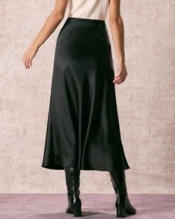 The Black Low Waisted Lace Satin Midi Skirt -Outlet Dress Mix Up Store 240109 RIHOAS.244