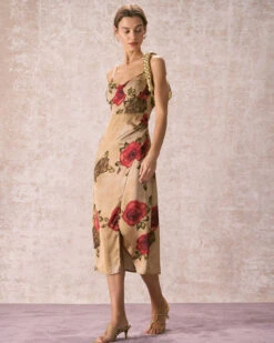 The Khaki Pearl Strap Side Slit Midi Dress -Outlet Dress Mix Up Store 240109 RIHOAS.3296