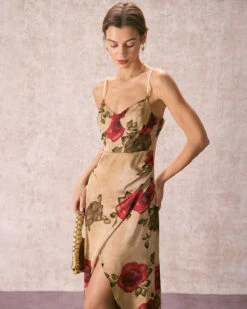 The Khaki Pearl Strap Side Slit Midi Dress -Outlet Dress Mix Up Store 240109 RIHOAS.3309