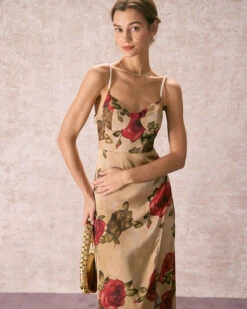 The Khaki Pearl Strap Side Slit Midi Dress -Outlet Dress Mix Up Store 240109 RIHOAS.3311