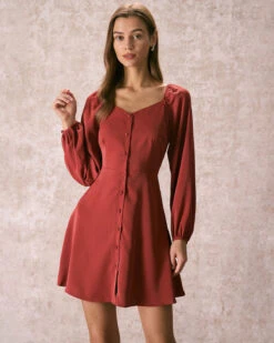 The Brick Red V Neck Button Mini Dress -Outlet Dress Mix Up Store 240109 RIHOAS.789