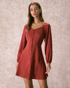 The Brick Red V Neck Button Mini Dress