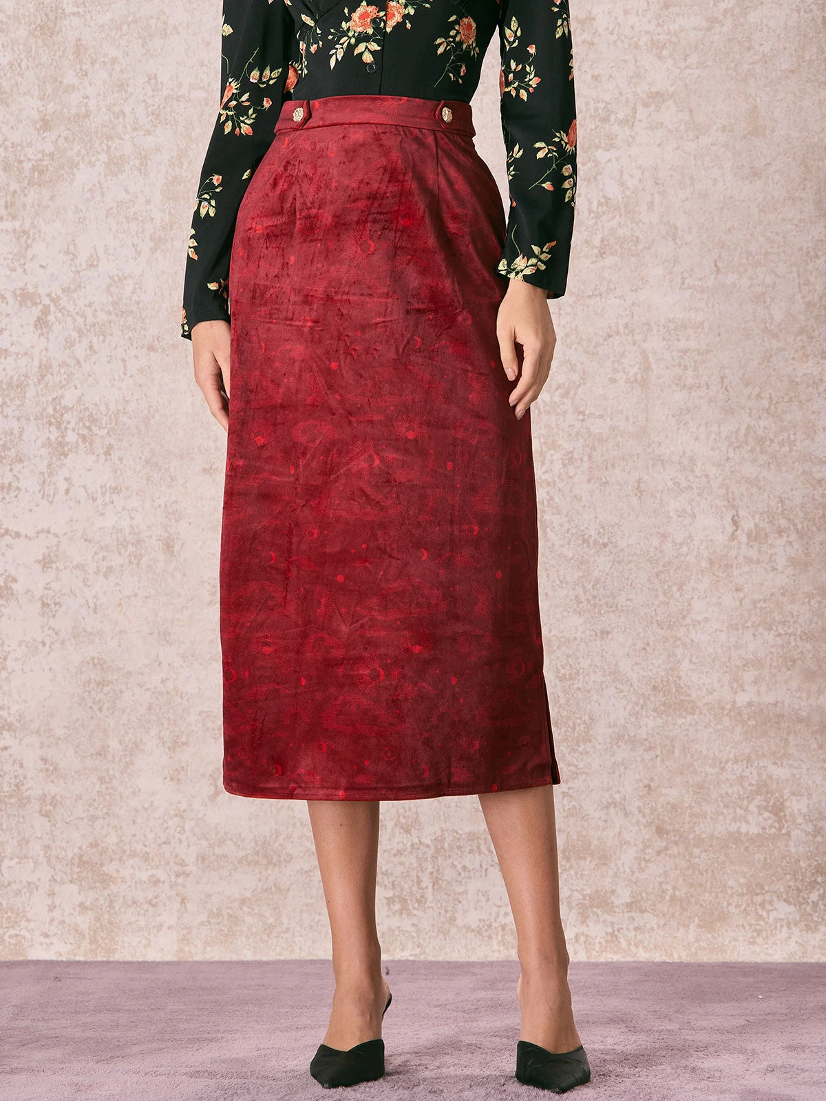 The Wine Red Split Hem Velvet Midi Skirt 1 The Wine Red Split Hem Velvet Midi Skirt