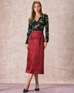 The Wine Red Split Hem Velvet Midi Skirt 10 The Wine Red Split Hem Velvet Midi Skirt -Outlet Dress Mix Up Store 240126 RIHOAS 1123