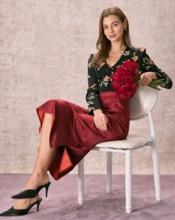 The Wine Red Split Hem Velvet Midi Skirt 8 The Wine Red Split Hem Velvet Midi Skirt -Outlet Dress Mix Up Store 240126 RIHOAS 1133