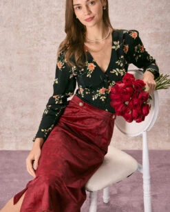 The Wine Red Split Hem Velvet Midi Skirt 9 The Wine Red Split Hem Velvet Midi Skirt -Outlet Dress Mix Up Store 240126 RIHOAS 1143