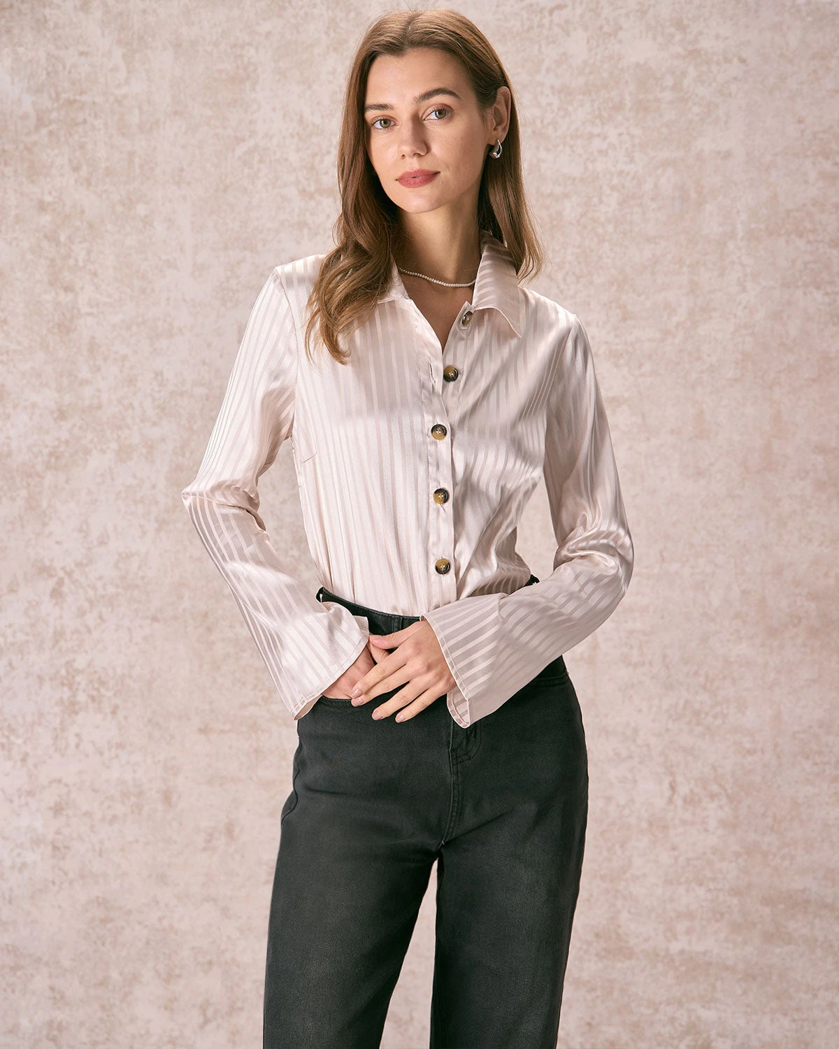 The Apricot Striped Wide Cuff Satin Shirt 1 The Apricot Striped Wide Cuff Satin Shirt