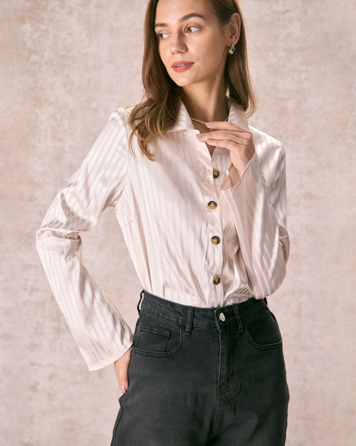 The Apricot Striped Wide Cuff Satin Shirt 2 The Apricot Striped Wide Cuff Satin Shirt - Image 2