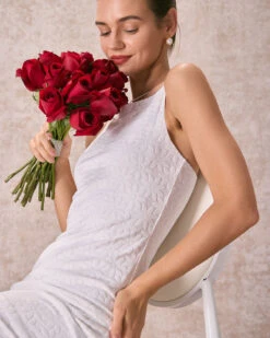 The White Floral Textured Pearl Slip Midi Dress -Outlet Dress Mix Up Store 240126 RIHOAS 1882