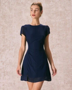 The Navy Round Neck Side Split Mini Dress -Outlet Dress Mix Up Store 240126 RIHOAS 2253