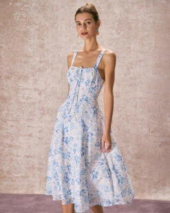 The Blue Square Neck Floral Ruched Midi Dress -Outlet Dress Mix Up Store 240126 RIHOAS 2957