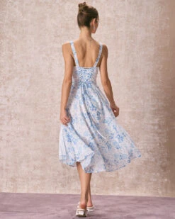 The Blue Square Neck Floral Ruched Midi Dress -Outlet Dress Mix Up Store 240126 RIHOAS 3030