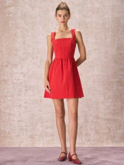 The Red Square Neck Lace Trim Mini Dress -Outlet Dress Mix Up Store 240126 RIHOAS 3326