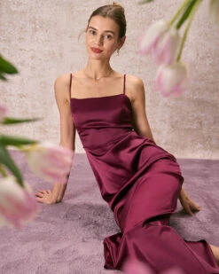 The Red Back Slit Satin Sling Maxi Dress -Outlet Dress Mix Up Store 240126 RIHOAS 3517