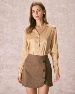 The Coffee Plaid Button Overlap Mini Skirt -Outlet Dress Mix Up Store 240126 RIHOAS 863