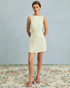 The Beige Water Ripple Textured Sleeveless Mini Dress -Outlet Dress Mix Up Store 2 4