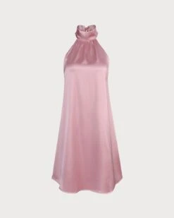 The Pink Halter Satin A-line Mini Dress -Outlet Dress Mix Up Store 4 1 195108