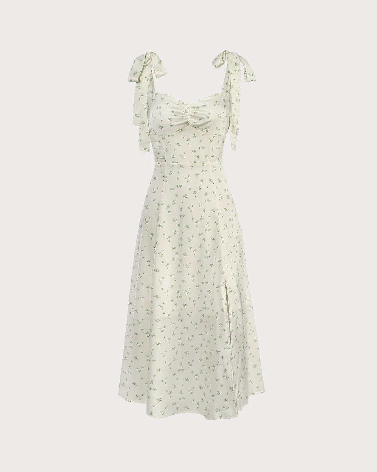 The Light Green Satin Floral Tie Strap Slit Midi Dress 7 The Light Green Satin Floral Tie Strap Slit Midi Dress - Image 7