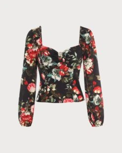 The Black Square Neck Floral Satin Blouse -Outlet Dress Mix Up Store IMG 0046 923395