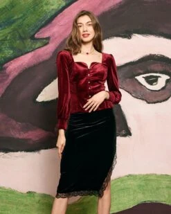 The Solid Lantern Sleeve Velvet Blouse -Outlet Dress Mix Up Store RIHOAS0516
