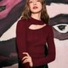 The Wine Red Slim-Fitting Cutout Knit Top