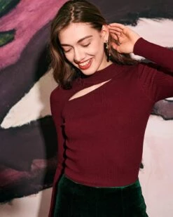 The Wine Red Slim-Fitting Cutout Knit Top 8 The Wine Red Slim-Fitting Cutout Knit Top -Outlet Dress Mix Up Store RIHOAS0615 82fe8368 6187 4bd1 913f 0b4359bfb015
