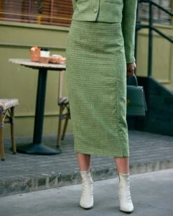 The High Waisted Slit Plaid Tweed Skirt