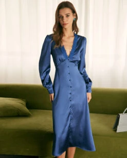The Blue Deep V Neck Lace Satin Midi Dress -Outlet Dress Mix Up Store RW09138A0111C 2