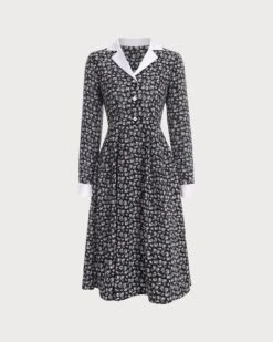 The Collared Patchwork Long Sleeve Midi Dress -Outlet Dress Mix Up Store RW54931