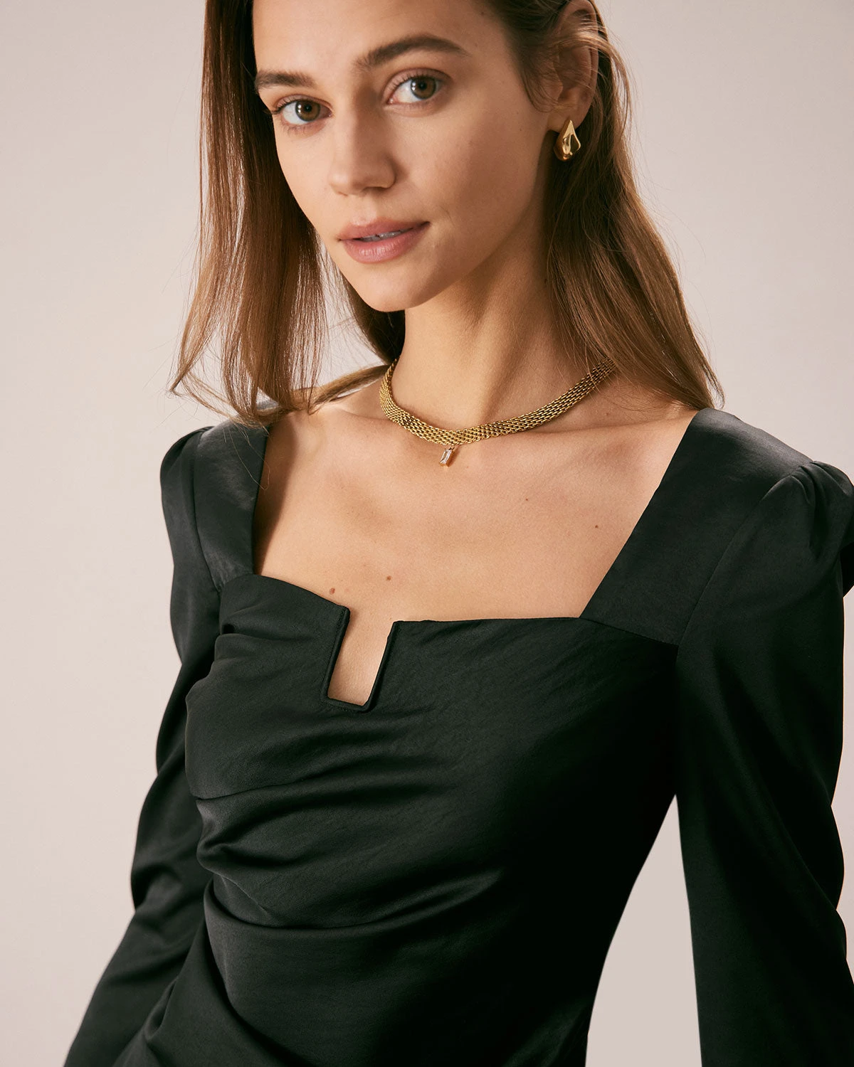 The Black Square Neck Ruched Satin Blouse 2 The Black Square Neck Ruched Satin Blouse - Image 2