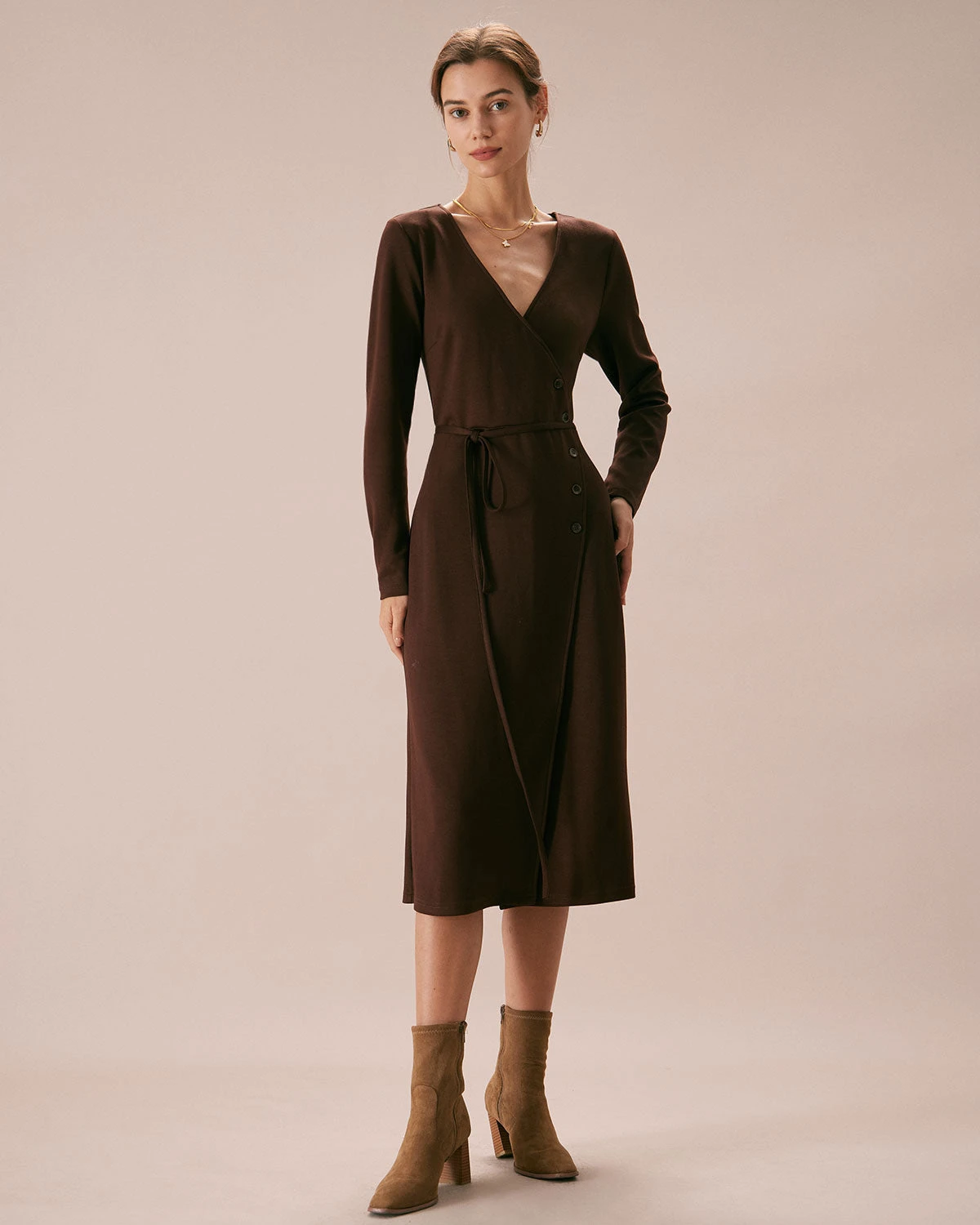 The Coffee V Neck Button Wrap Midi Dress 1 The Coffee V Neck Button Wrap Midi Dress