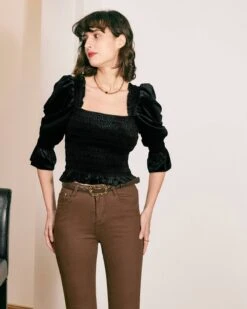 The Smocked Ruffle Velvet Blouse -Outlet Dress Mix Up Store blouses the smocked ruffle velvet blouse 35844989550744