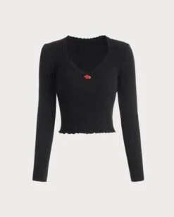 The Solid Color Wavy Trim Knit Top -Outlet Dress Mix Up Store knit tops black s the solid color wavy trim kint top 38587725185237