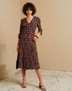 The V Neck Button Floral Midi Dress -Outlet Dress Mix Up Store midi dresses multi xs the v neck button floral midi dress 37775797682389