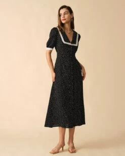 The Polka Dot Lace Trim Midi Dress -Outlet Dress Mix Up Store midi dresses the polka dot lace trim midi dress 38452863729877