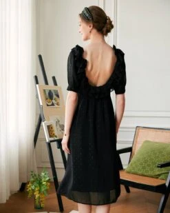 The Puff Sleeve Backless Midi Dress -Outlet Dress Mix Up Store midi dresses the puff sleeve backless midi dress 37503956091093