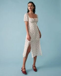 The Short Sleeve Floral Ruched Midi Dress -Outlet Dress Mix Up Store midi dresses the short sleeve floral ruched midi dress 37376878608597