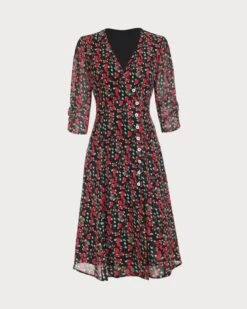 The V Neck Button Floral Midi Dress -Outlet Dress Mix Up Store midi dresses the v neck button floral midi dress 37681830592725