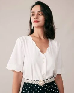 The Ruffle Neckline Pearl Button Shirt