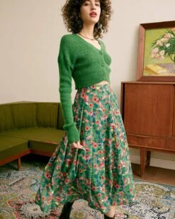 The Green Pleated Floral Skirt -Outlet Dress Mix Up Store skirts the pleated floral skirt 34957022003352